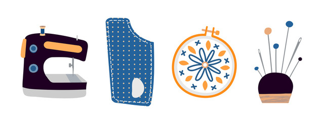 Collection of hand drawn sewing machine, fabric pattern, needles in a pillow, embroidery hoop in flat style on a white background. Clipart drawings for design workshop, sewing store,needlework courses © Leria Kaleria