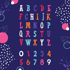 Colored cheerful english alphabet. Flat symbols and numbers characters god for design, training, school