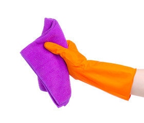 Cleaning rag in rubber glove hand on white background isolation
