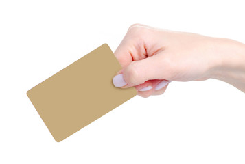 Gold card in hand finane on white background isolation