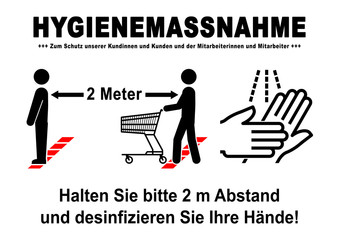 ds51 DiskretionSchild - Hygienemassnahme: Schutz - Kundinnen und Kunden / Mitarbeiterinnen und Mitarbeiter - Halten Sie bitte 2 m Abstand. - Desinfizieren Sie Ihre Hände - DIN A1 A2 A3 A4 - xxl g9320