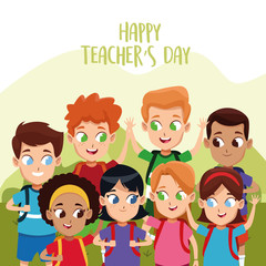 Obraz na płótnie Canvas happy teachers day card with students in the field