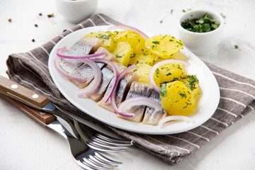 Pickled herring fillet in oil with potatoes, red onions and herbs, flavorful fish, Russian appetizer, traditional food