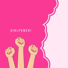 Raised fist of girl power. A woman hand on a pink background. vector illustration of girl power for celebrating women's day. Good for template background, banner, poster, etc. 