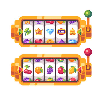 Golden Slot Machine With Classic Fruit Symbols. Casino Flat Illustration