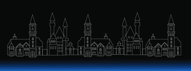 Retro Night City Outline Vector Illustration. Architecture panorama background.