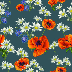 Charming daisies with bright poppies on a gray-blue background. Colorful stylish floral. Template for the design of print, fabric, wallpaper and box.