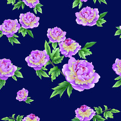 Elegant pink peonies blend beautifully with a dark blue background. Colorful stylish floral. Template for the design of print, fabric, wallpaper and box.