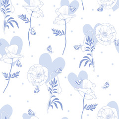 Seamless Vector Floral Pattern with beautiful flowers, butterflies and hearts for decoration, print, textile, stationery, fabric.