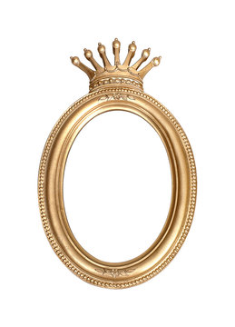 Golden frame with crown for paintings, mirrors or photo isolated on white background