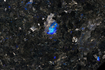 Texture of natural black labradorite stone. Natural blue mineral stone labradorite crystal in the rock. High resolution photo.  