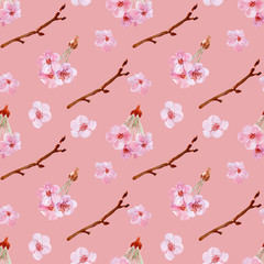 Watercolor background drawing with branches and cherry blossoms