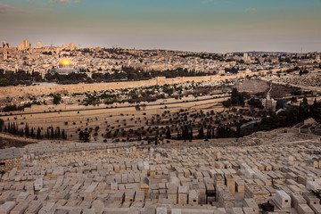 Fototapeta na wymiar The Old City of Jerusalem and the Dome of the Rock and Temple Mount. Shot from the Mount of Olives.