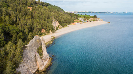 Aerial view of Albarquel beach. Beautiful beaches with transparent waters in Arrábida, in...