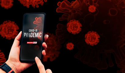 hand hold smartphone for news of blood dna nCov covid-19 structure coronavirus crisis outbreak...