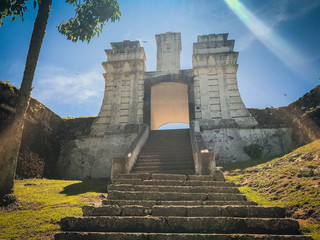 Santa Cruz de Anhatomirim Fortress. Entrance with high stairs. and historical buildings. old prison