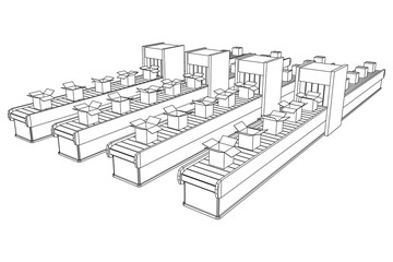 Conveyor belt section with pack boxes. Factory production equipment. Wireframe low poly mesh vector illustration