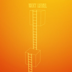 Next level with high giant box wall towards the sky with clouds and tall ladders. Pass challenge to reach the goal concept. Wireframe low poly mesh vector illustration.