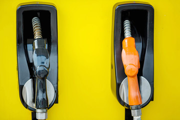 Fuel Pump, Gas Station, Gasoline.Colorful Petrol pump filling nozzles isolated on white background...