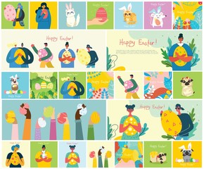 Vector Easter cards with people and animals holding the eggs and hand drawn text - Happy Easter in the flat style