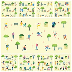 Vector Nature ECO backgrounds with different people, couple doing activities, walking and have a rest outdoor, in the forest and park in the flat style