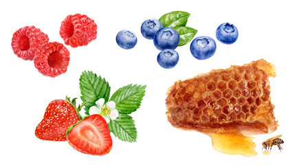 Honey raspberry strawberry blueberry set watercolor isolated on white background