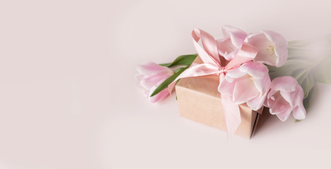 Beautiful pink tulips with a gift box on a light background.