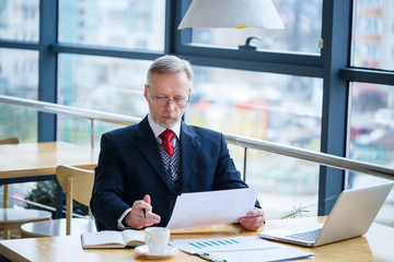 Adult male mentor, director, businessman in glasses and a suit studying documents while sitting at the table. Working day concept