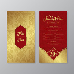 Thai food and thai restaurant luxury gift voucher design template for printing, flyers, poster, web, banner, brochure and card vector illustration