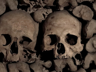 Obraz premium Two human skulls and bones in a crypt, concept of death