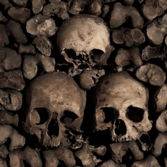 Three human skulls and bones in a crypt, concept of death