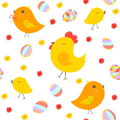 Traditional illustration of yellow chickens and easter eggs.