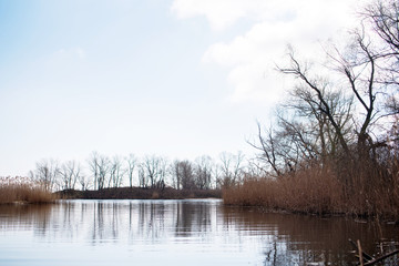 Beautiful winds view with the rays of the sun by the lake.