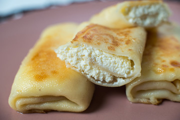 pancakes with cottage cheese , homemade traditional Ukrainian dish nalysnyky