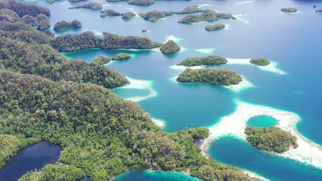A collection of rock islands is found in Raja Ampat's beautiful seascape. This area in Indonesia is known to be the heart of marine biodiversity and is a popular destination for divers and snorkelers.