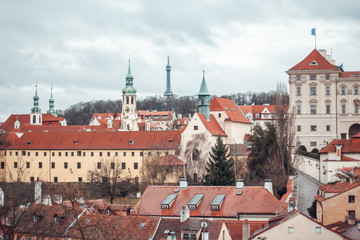 View of the roofs of the city. Urban landscape in Prague