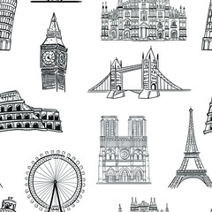 travel, architecture, fashion vector seamless pattern on white background. Concept for wallpaper, wrapping paper, cards 