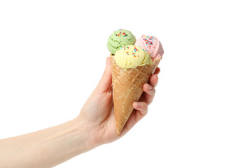 Female hand holds ice cream, isolated on white background