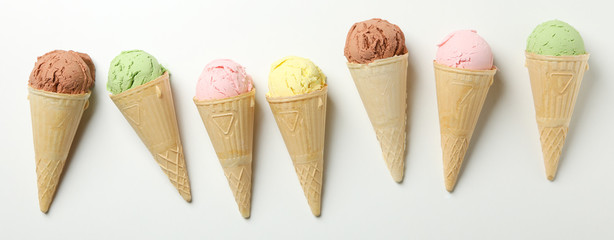 Ice cream in waffles on white background. Sweet food