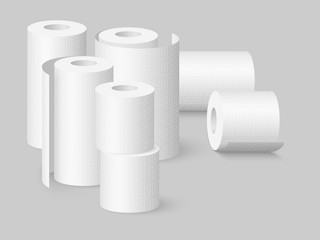 Set of realistic soft kitchen towels and toilet paper rolls. Isolated on grey background. Vector illustration.