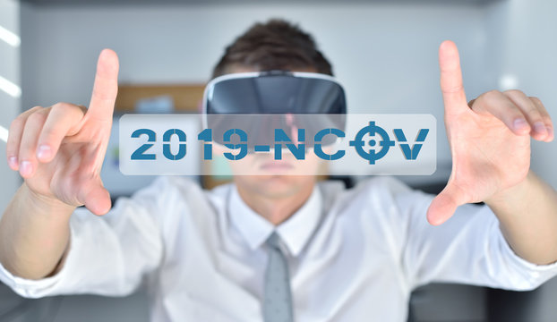Man with VR headset using virtual 2019-ncov interface