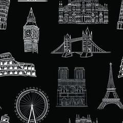 Travel, architecture, fashion vector seamless pattern on black background. Concept for wallpaper, wrapping paper, cards, print 