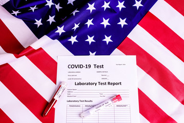 American flag background for blood test tubes to detect covid-19 coronavirus, prevention concept.