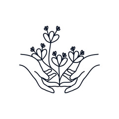 delicate hands with beautiful flowers icon, line style