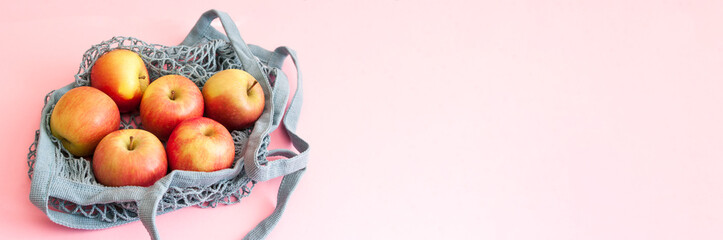 Banner food delivery, apples in string bag, fresh veggetables, healthy, quarantine help