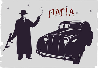 Dark silhouette of a gangster with guns near a car. - obrazy, fototapety, plakaty