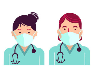 Disabled people in mask sitting in wheelchairs. Medical workers in uniform. Vector medical icons people in masks for design