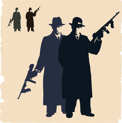 Two dark silhouettes of  gangsters. - obrazy, fototapety, plakaty