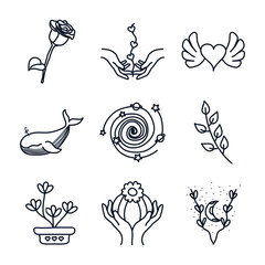 rose and minimalist tattoo concept icon set, line style