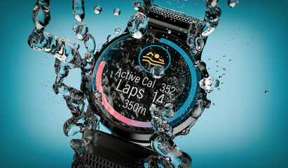 Smartwatch falls into the water with the swimming training app displayed - 3d rendering